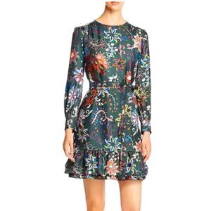 Tory Burch Shift Dress Printed Silk Twill in Black Mountain Floral Ruffle Hem